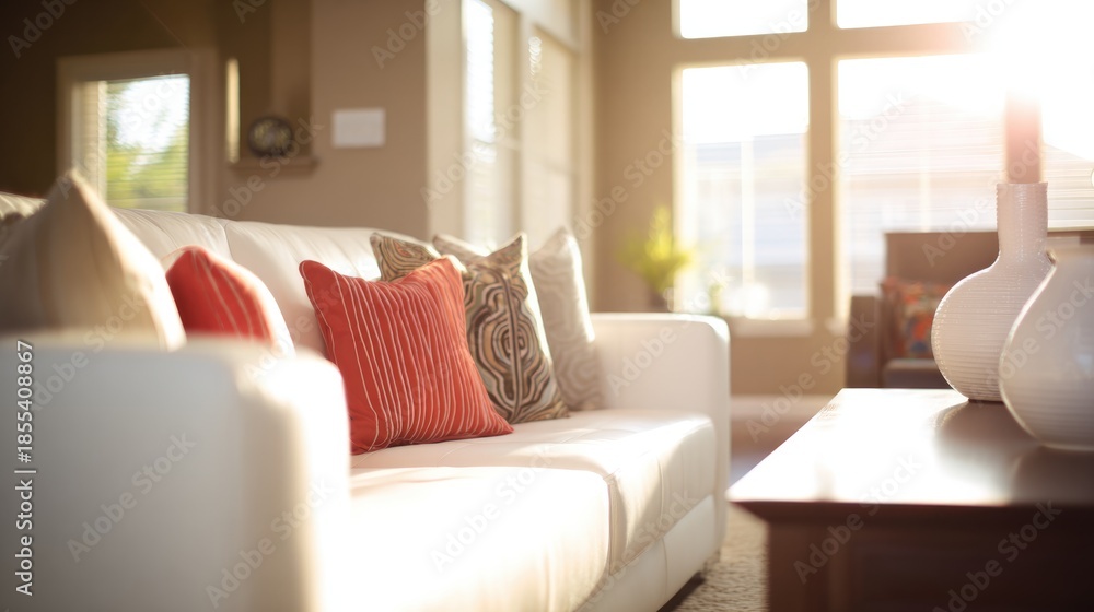 Fototapeta premium sedition. Contemporary living room with modern furniture and clean lines, bathed in natural ambient light. lifestyle magazines.