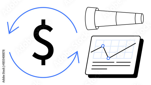 Dollar sign encircled by arrows, telescope representing vision, and data chart showing business trends. Ideal for finance, investment, strategy, growth, analysis planning and innovation concepts. A