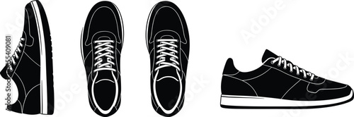 Black and White Sneaker Vector Illustration Set Featuring Side Profile and Top Down Aerial Views for Footwear Design and Apparel