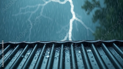 hailstones. Heavy rain and hailstones hitting corrugated metal roof during storm. ESG reports, sustainability campaigns, designed for sustainability communications and ESG reporting.