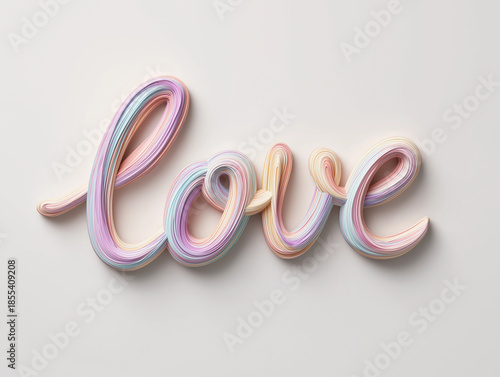 love word in pastel ribbon style, colorful love typography on soft background, pastel 3d love lettering
