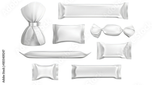 Assortment of Wrapped Candies: A meticulously arranged assortment of various candy wrappers, showcasing different shapes, sizes, and packaging styles, ready to be filled with sweet treats.