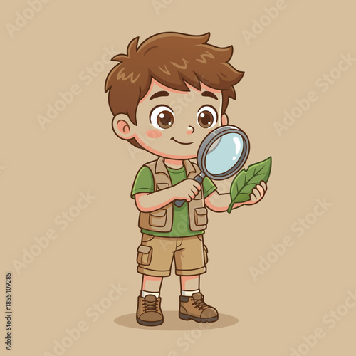 Young boy exploring nature with a magnifying glass.