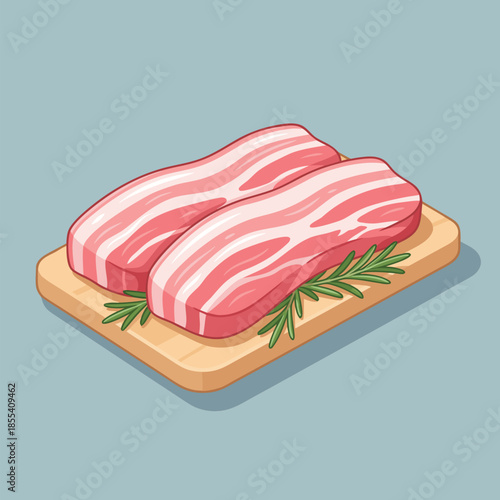 Raw Pork Belly Slices on Wooden Cutting Board with Rosemary.