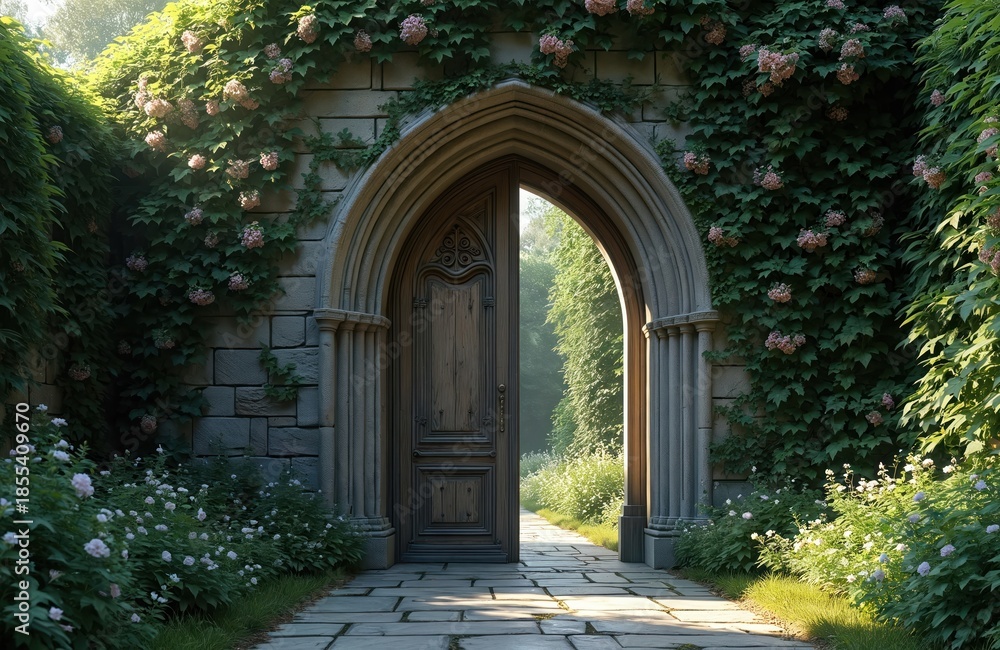 Fototapeta premium Stone gothic archway opens to sunlit garden path. Ancient overgrown gateway covered in ivy plants and small flowers. Pathway leads through rich green nature to mysterious hidden entrance.