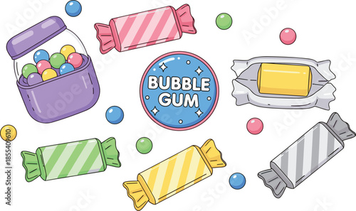 Assorted Colorful Pastel Candy Illustration Set Featuring Wrapped Sweets Gumballs and a Glass Jar on a Clean White Background for Design (21 words)