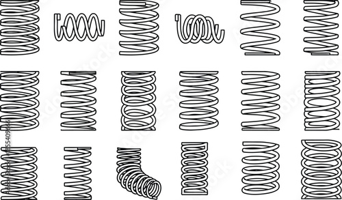 Collection of diverse mechanical spring vector icons featuring various coil shapes and sizes isolated on white background