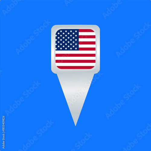 USA Flag Location Pin Icon. Glossy Map Pointer Vector Illustration. Ideal for travel apps, navigation maps, geographic markers, tourism projects