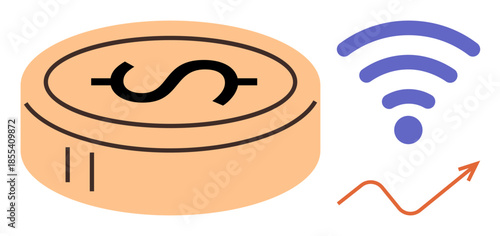 Coin with dollar sign, wireless signal, and upward arrow symbolize digital finance, e-commerce, economic growth, innovation, technology, wealth and connection. Ideal for fintech investment