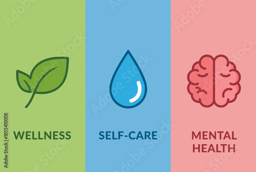 Wellness, Self care, Mental Health Icons on Divided Background