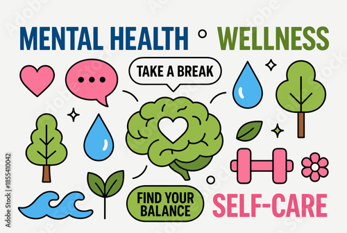 Mental Health Wellness and Self care Flat Line Icon Collection