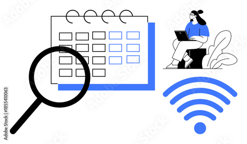 Productivity tools. Calendar planning and wireless connectivity support organizational efficiency. Productivity tools help remote work planning and efficient communication. Perfect for technology