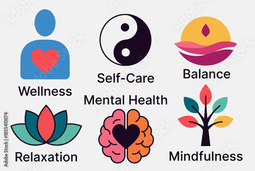 Vibrant Icons Illustrating Mental Well being, Self care, Balance, and Relaxation
