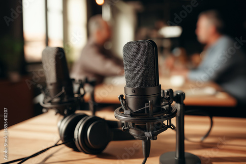 podcast microphone in recording studio, podcast studio with professional microphone, radio podcast conversation setup

