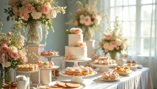 Wallpaper Mural Wedding dessert table with white cake, cupcakes, pastries, and floral arrangements. Elegant setup for celebration, party, brunch or afternoon tea at a venue. Torontodigital.ca