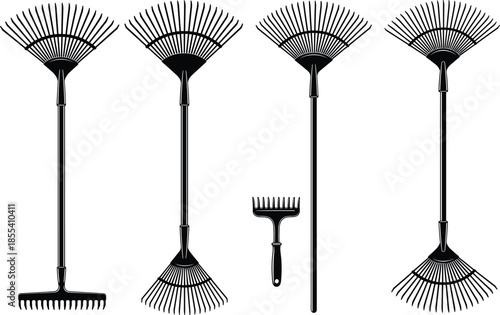 Garden rake, silhouette tools, black vector, leaf collector, hand rake, dual head, yard equipment, minimal design, landscaping icon, outdoor cleanup