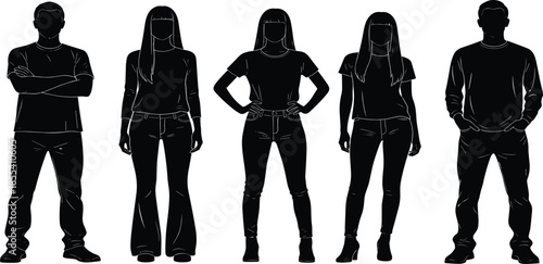 Group of diverse people silhouettes standing together isolated on white background, teamwork concept, anonymous men women figures studio flat design