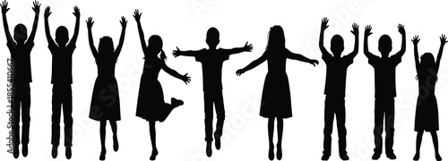 Group of people silhouette jumping together, happy crowd celebration, diverse men women children raising hands isolated on white background studio