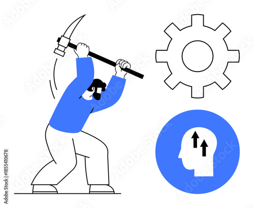 Mining concept. Worker using a pickaxe effort and labor. Gear and head profile signify innovation and brainstorming in productivity. For startups, workforce, industry, creativity, progress
