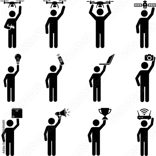Innovative Technology and Delivery Concepts Icons, Person Holding Drone Laptop and Camera Symbols
