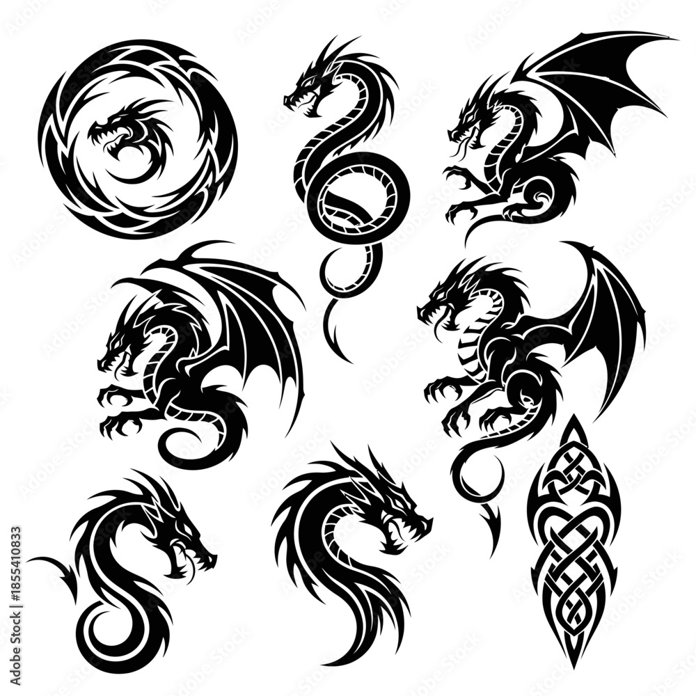 Obraz premium Collection of Black Dragon Silhouette Designs for Tattoo or Graphics.
