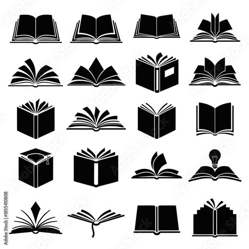 Collection of Black and White Open Book Icons for Education and Literature.
