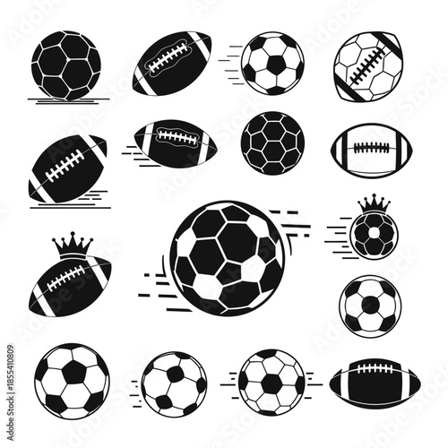 Collection of Black and White Sports Balls Illustrations.
