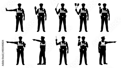 Silhouettes of Ten Police Officers in Various Traffic Control Poses