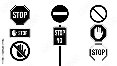Collection of various traffic and prohibition signs including stop, no entry, and hand signal designs.