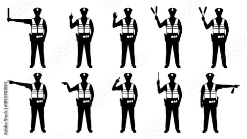 Silhouette Illustrations of Traffic Police Officers Demonstrating Various Hand Signals