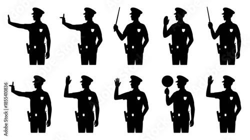 Diverse Silhouettes of Police Officers Illustrating Various Gestures and Actions