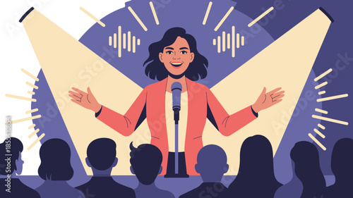 Confident woman delivers a powerful speech on stage under bright spotlights to an engaged audience