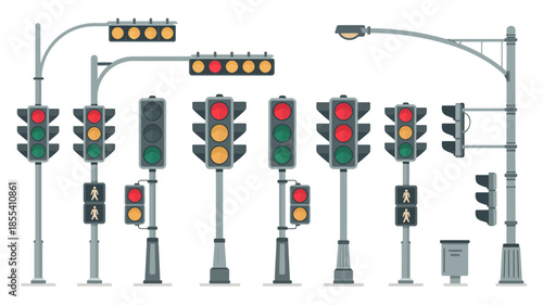 Collection of diverse traffic light signals and streetlights for urban intersection management.