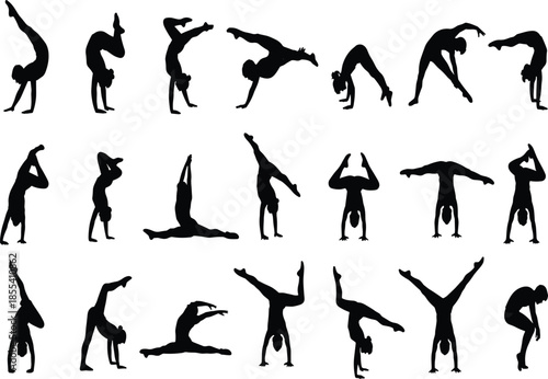 Gymnast silhouette poses, flexible body movement, dance positions, black vector icons for fitness, choreography, exercise, sports, motion, balance