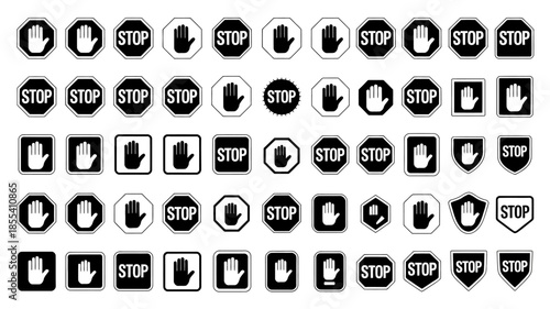 Collection of various stop hand signs in different shapes and styles.