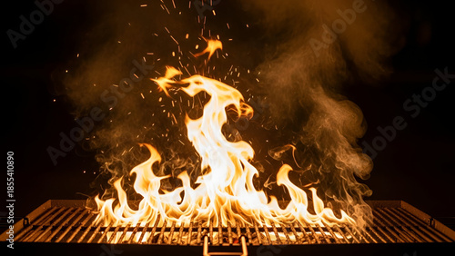Intense blazing flames erupting from a barbeque grill amidst a dark background scenery