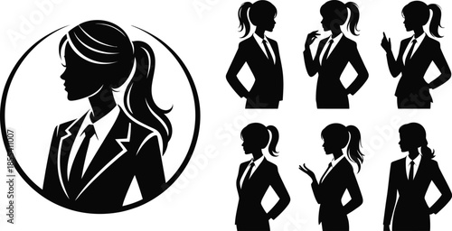 Collection of professional businesswomen silhouettes in various poses and expressions with a confident female profile