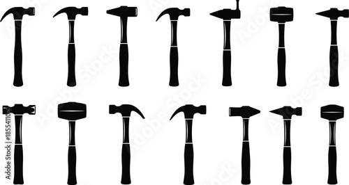 Hammer silhouette, black vector, tool icon, construction equipment, minimal design, claw hammer, sledgehammer shape, metalwork tool, industrial symbol, hardware graphic