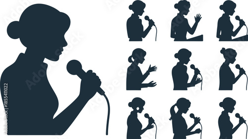Dark silhouettes of women speaking into microphones for public addresses or presentations