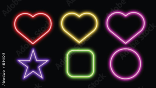 Neon hearts star square and circle shapes glowing brightly against a dark black background