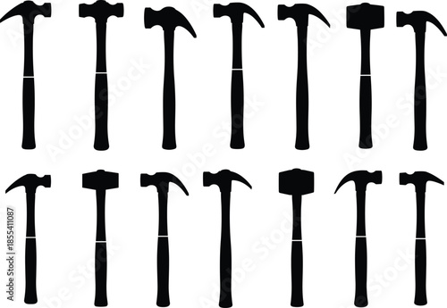 Hammer silhouettes collection, black vector hammers, construction tools, claw hammer icons, sledgehammer shapes, ball-peen hammer set, workshop equipment