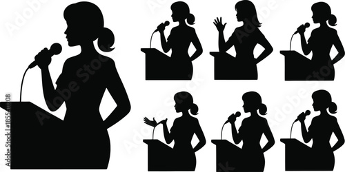 Silhouettes of women speaking at podiums and holding microphones for public events