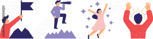 Simple illustrations show people achieving goals, looking to the future and celebrating success