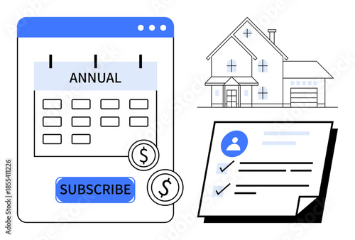 Annual calendar with subscribe button, payment coins, document checklist, and suburban house. Ideal for finance, real estate, subscriptions, planning, budgeting property investment cost management