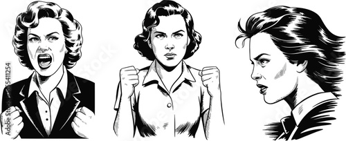 Three powerful women illustrations in black and white demonstrating strength and fierce determination