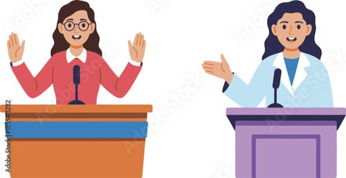 Two women deliver speeches from podiums, one with glasses raises her hands, another in a lab coat gestures