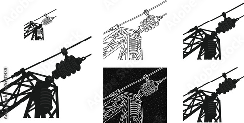 High voltage electrical insulator illustration on steel transmission tower, detailed energy infrastructure artwork showing utility power line components and industrial hardware design