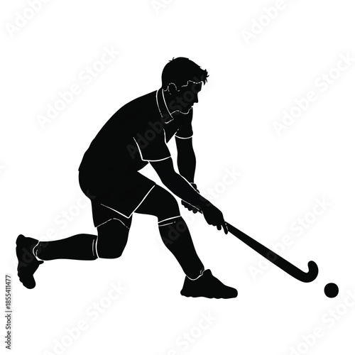 A black silhouette of a man playing field hockey with a dragon-themed cartoon style on a white background.