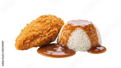 Traditional fast food dinner with fried chicken breast rice and gravy sauce isolated on white background