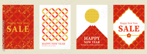 新春セールと年賀状に使える和風デザインセット 赤と金の七宝文様 | カード ベクター素材